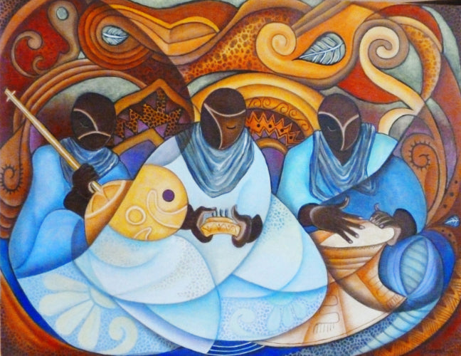 Artistic depiction of three figures in a stylized, colorful setting