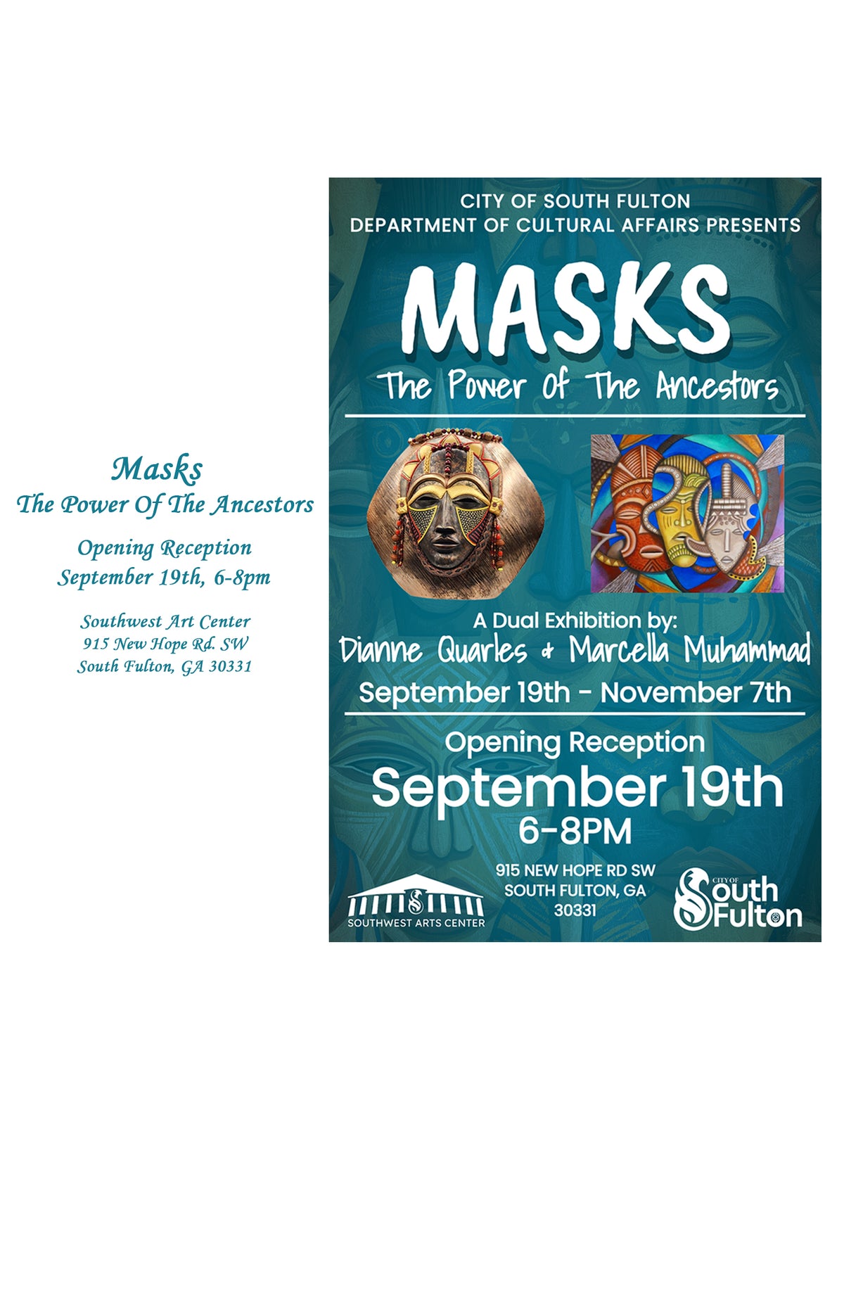 A promotional poster for an art exhibition titled 'MASKS: The Power of the Ancestors' by the City of South Fulton Department of Cultural Affairs. 